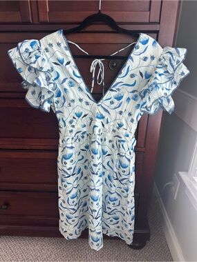 Monsoon & Beyond Chloe white and blue floral cotton dress size S